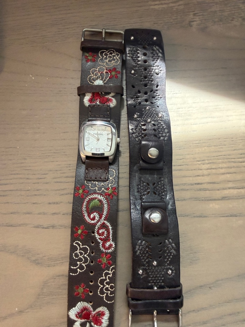 Embroidered Brown Leather Cuff Watch Band with Floral Detail - Picture 2 of 6
